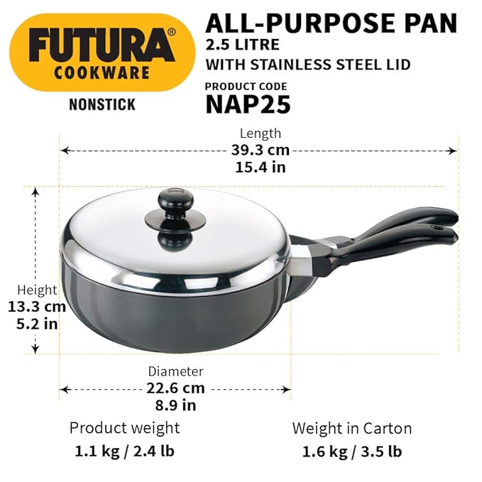 Hawkins Futura Nonstick All-Purpose Pan with 2.5L, 22 cm, 3.25 mm ss lid