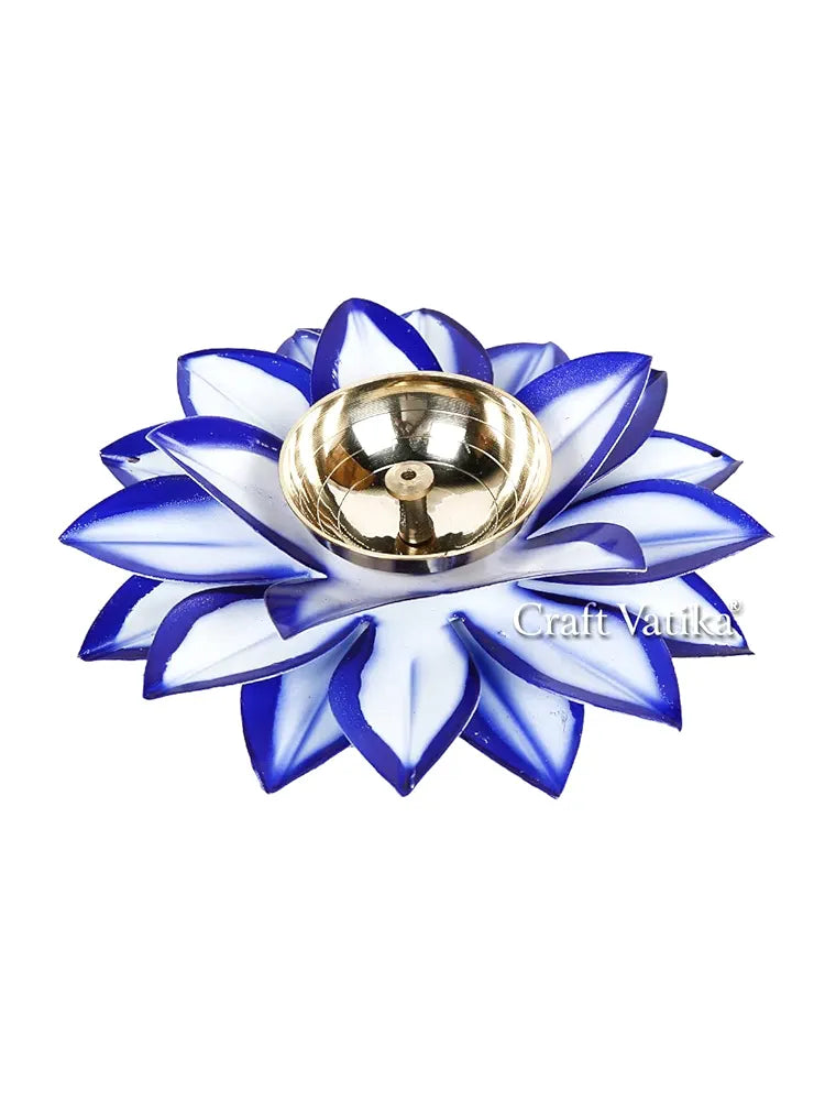 Lotus Kamal Diya Brass Diyas Oil Lamp Stand Blue & White