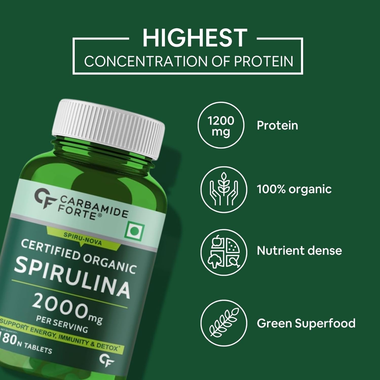 Carbamide Forte 100% Organic Spirulina Tablets 2000 mg Per Serving - Spirulina Powder Organic Tablets | Supports Energy, Immunity & Detox | Certified Spirulina Tablet - 180 Tablets