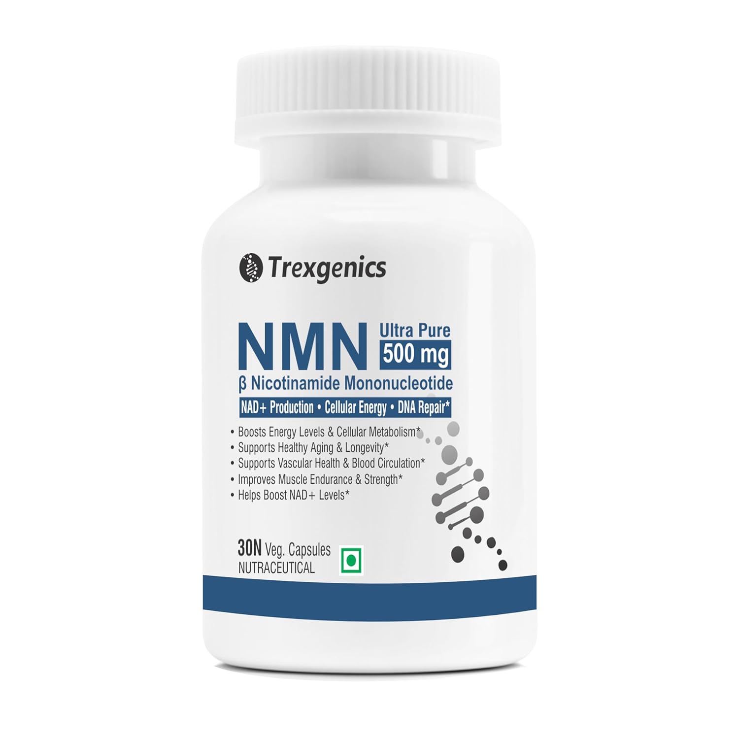 Trexgenics NICOTINAMIDE MONONUCLEOTIDE (NMN) 500 mg ULTRA PURE NAD+ Booster Energy, Muscle Endurance, Cardiovascular Health (30 Veg. caps) (Pack of 1)