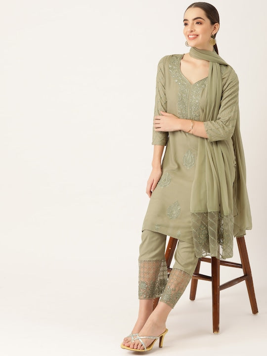 Anouk Women Olive Green Ethnic Motifs Yoke Design Kurta with Palazzos & With Dupatta