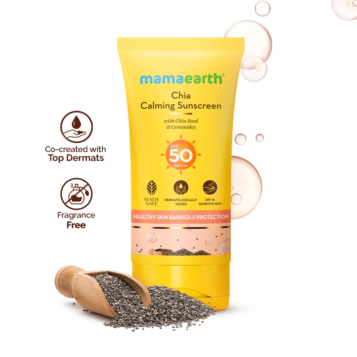 Mamaearth Chia Calming Sunscreen with Chia Seed & Ceramides for Hydrated Glow & Sun Protection | SPF 50 PA++++ | Co-Created With Top Dermats | For Dry to Normal, Sensitive Skin | Healthy Skin Barrier | In-Vivo tested | 50 g