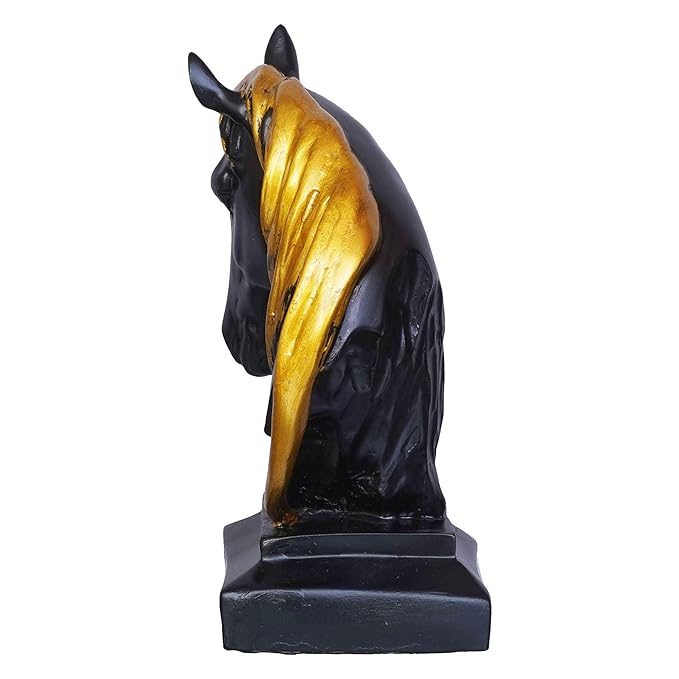 Ecraftindia Black Horse Head Statue With Golden Hair Animal Figurine Showpiece