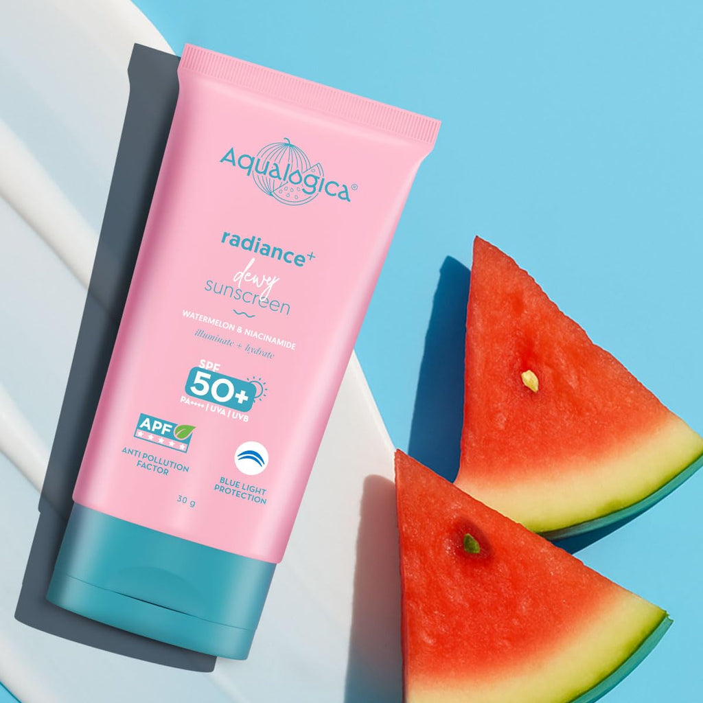 Aqualogica Radiance+ Dewy Sunscreen Gel SPF 50+ PA++++ | Lightweight texture for oily , combination , acne prone skin | Broad spectrum protection | In-vivo Tested | No white cast , Non greasy | For Men & Women | 30g
