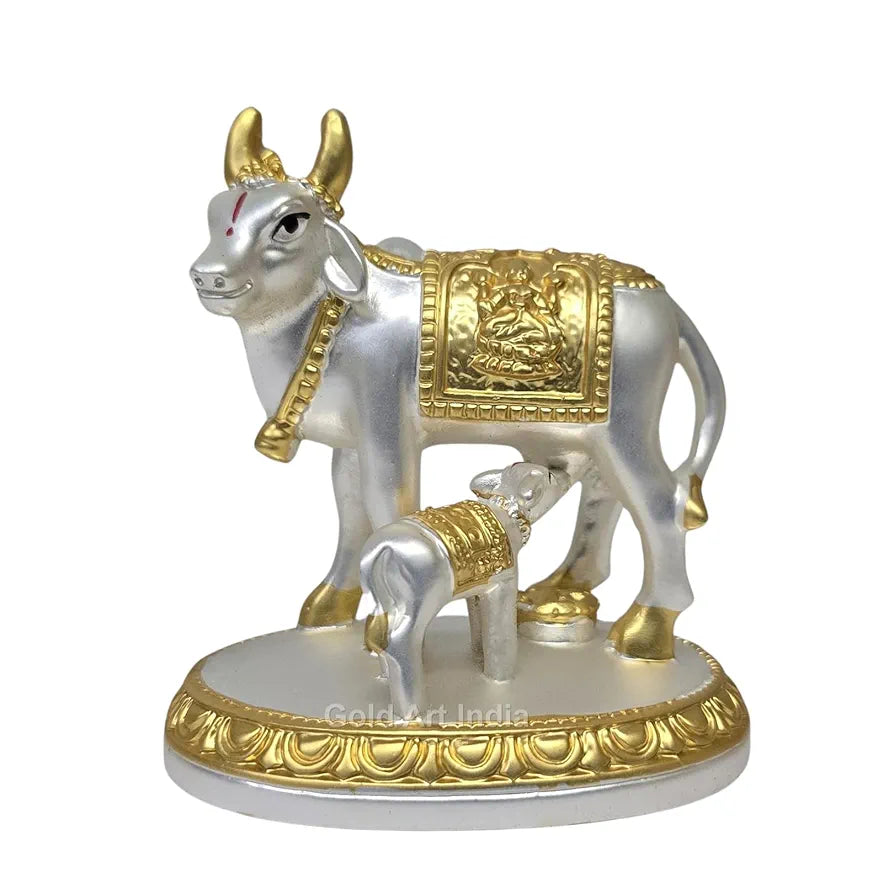 Gold Art India Kamdhenu Cow with Calf Idol Gold Silver Plated with Matte Finish 3.1 Inch