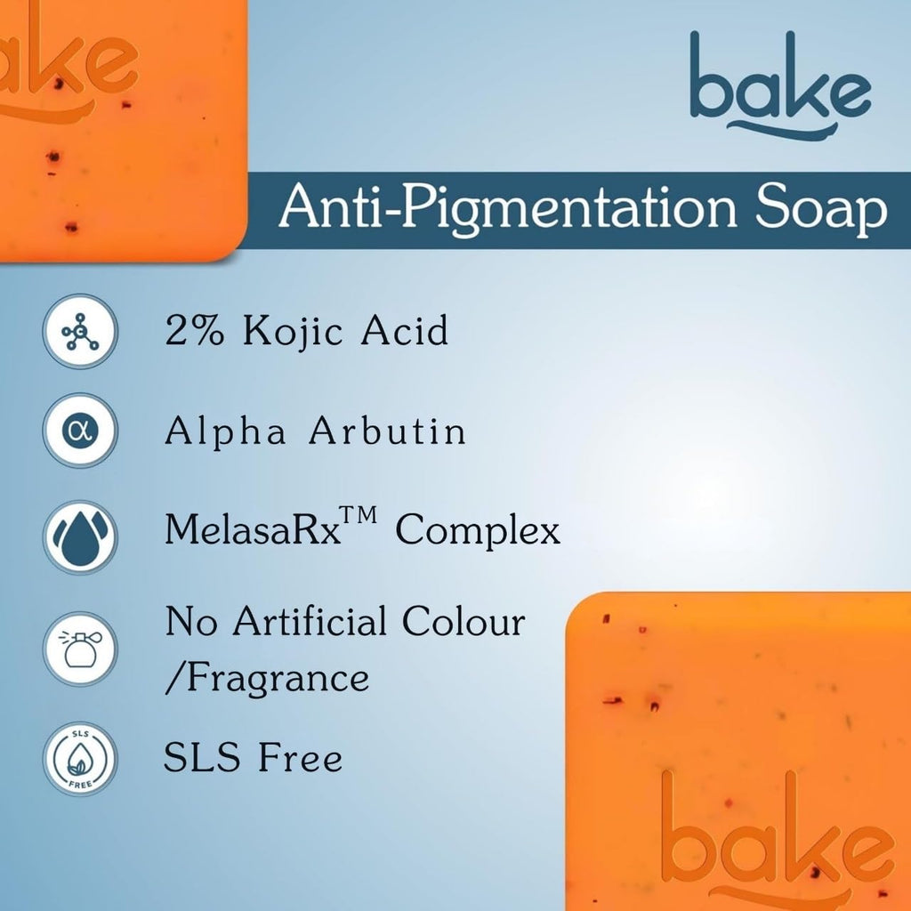 BAKE 2% Kojic Acid Scrub Treatment Soap (200 Gms, 2 Pcs) for Pigmentation, Dark Spots & Tan Removal | Brightens Underarms, Knees & Elbows | With Alpha Arbutin, Niacinamide & MelasaRxâ„¢ Complex | For Men & Women - 100g x 2