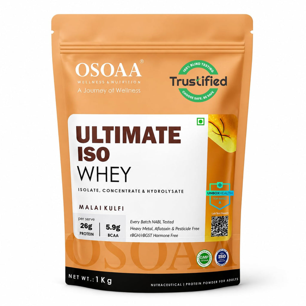 OSOAA Ultimate ISO Whey Protein Isolate Protein - 1kg, Kesar Kulfi | 26g Protein Powder for Muscle Support & Recovery | 100% Authentic Protein Supplement Powder - Batch wise Lab Report