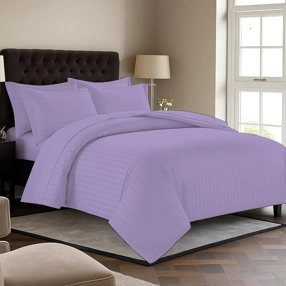 Trance Home Linen Zippered 100% Cotton 200 TC Satin Stripe Queen Duvet Cover Quilt Cover with 2 Pillow Covers Colour Lilac Purple
