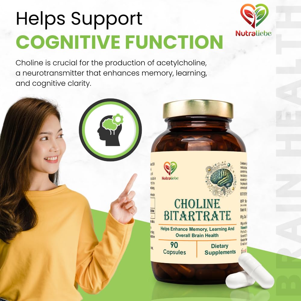 Nutraliebe Choline Bitartrate 550mg – 90 Capsules | Dietary Supplement for Daily Use | Non-GMO & Gluten-Free