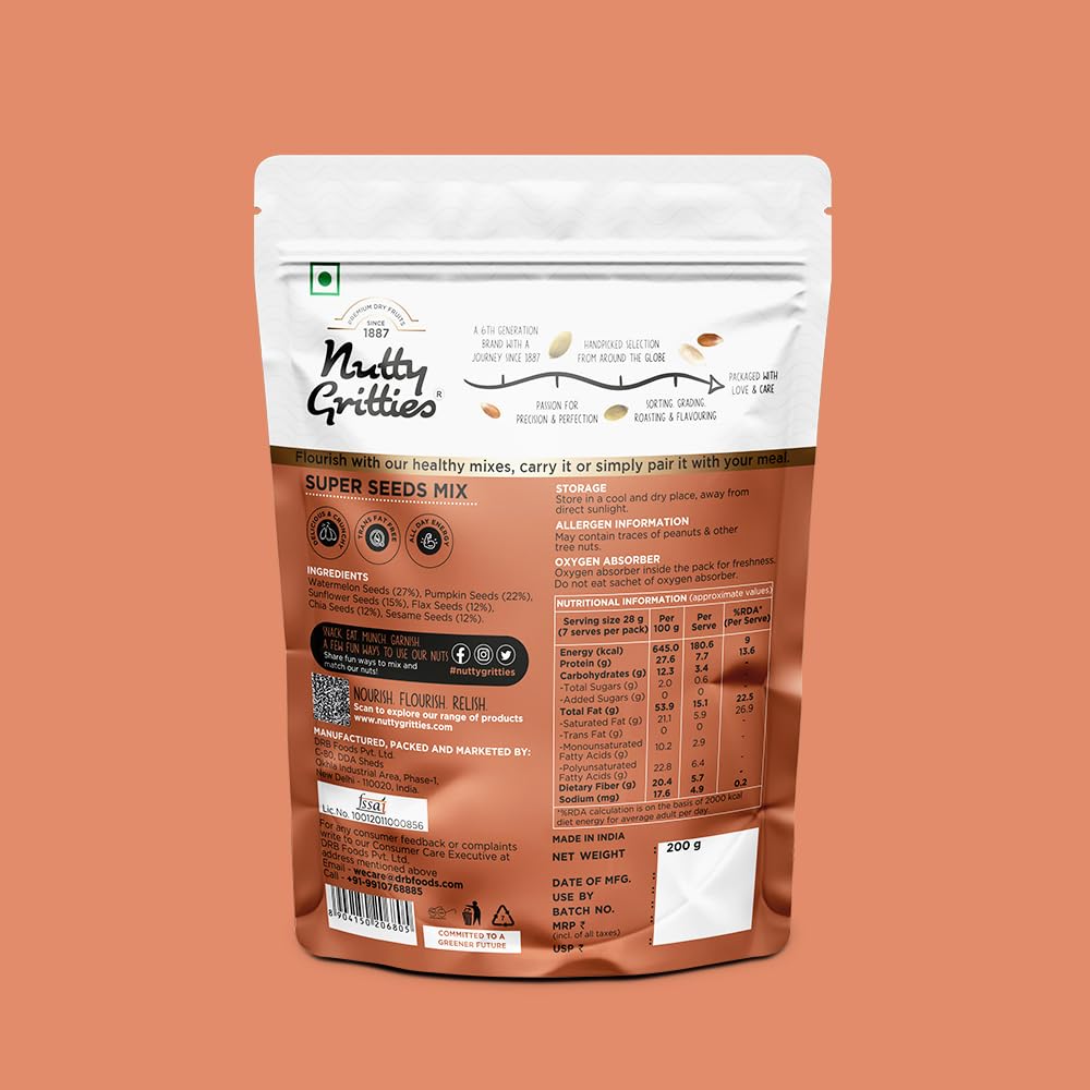 Nutty Gritties Premium Super Seed Trail Mix 200g | 6 Super Seeds in 1 Mix – Flax, Chia, Sesame, Sunflower, Watermelon & Pumpkin | High Protein & Fibre | Healthy Snack | Resealable Pouch
