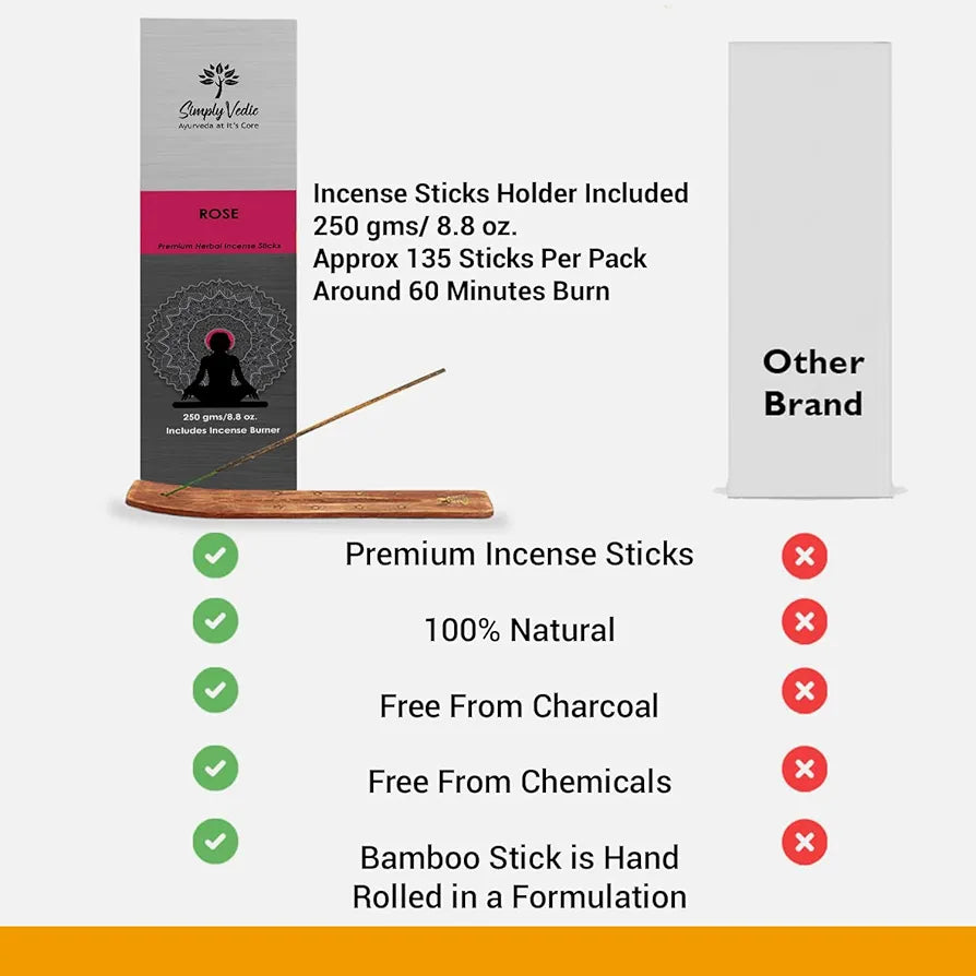 Simply Vedic Rose Incense Sticks with Holder – 135 Hand-Rolled Agarbatti