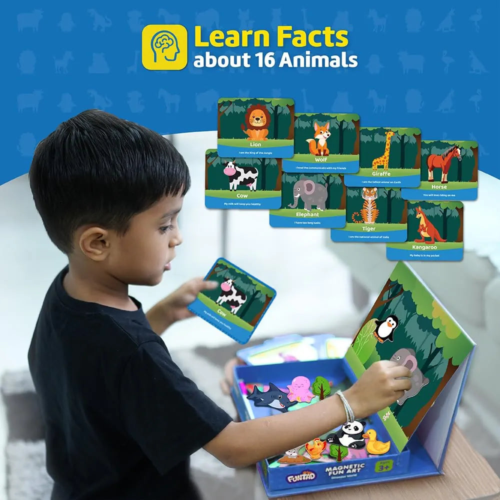 Funtad Magnetic Fun Art Puzzle Animals 4-in-1 Travel Friendly Educational Toy with Writable Board 50 Magnetic Pieces Birthday Gift for Boys & Girls Age 3,4,5 & 6 yrs