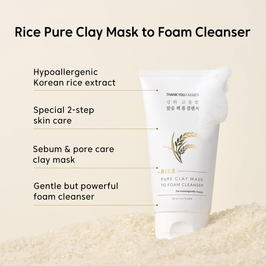 THANKYOU FARMER Rice Pure Clay Mask to Foam Cleanser (150ml) 2-in-1 Korean Rice Face Mask & Foam Face Wash For Deep Cleansing, Pore Care, Sebum Control, Blackhead Removal & Skin Brightening