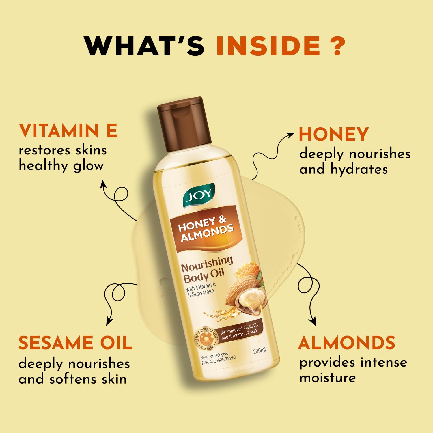 Joy Honey & Almonds Body Oil â€“ After-Bath Daily-Use Badam Massage Oil with Vitamin E & Sunscreen | Full-Body Relaxation, Dry-Skin & Winter Moisture | 200 ml