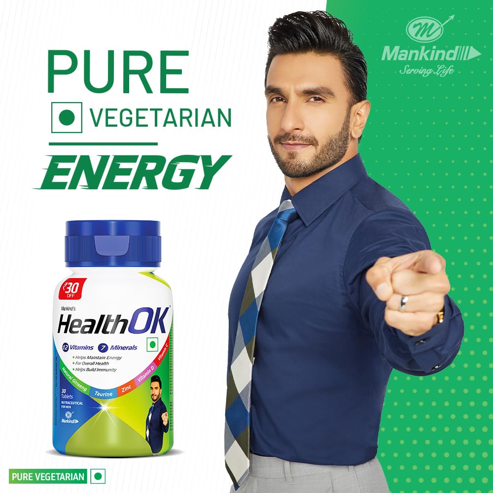 Mankind's Health OK Multivitamin With Natural Ginseng,Taurine Power,Daily Energy,Alertness,Vitamin D,C & Other 18 Multivitamins Minerals,For Overall Health,30 Tablets (Veg)
