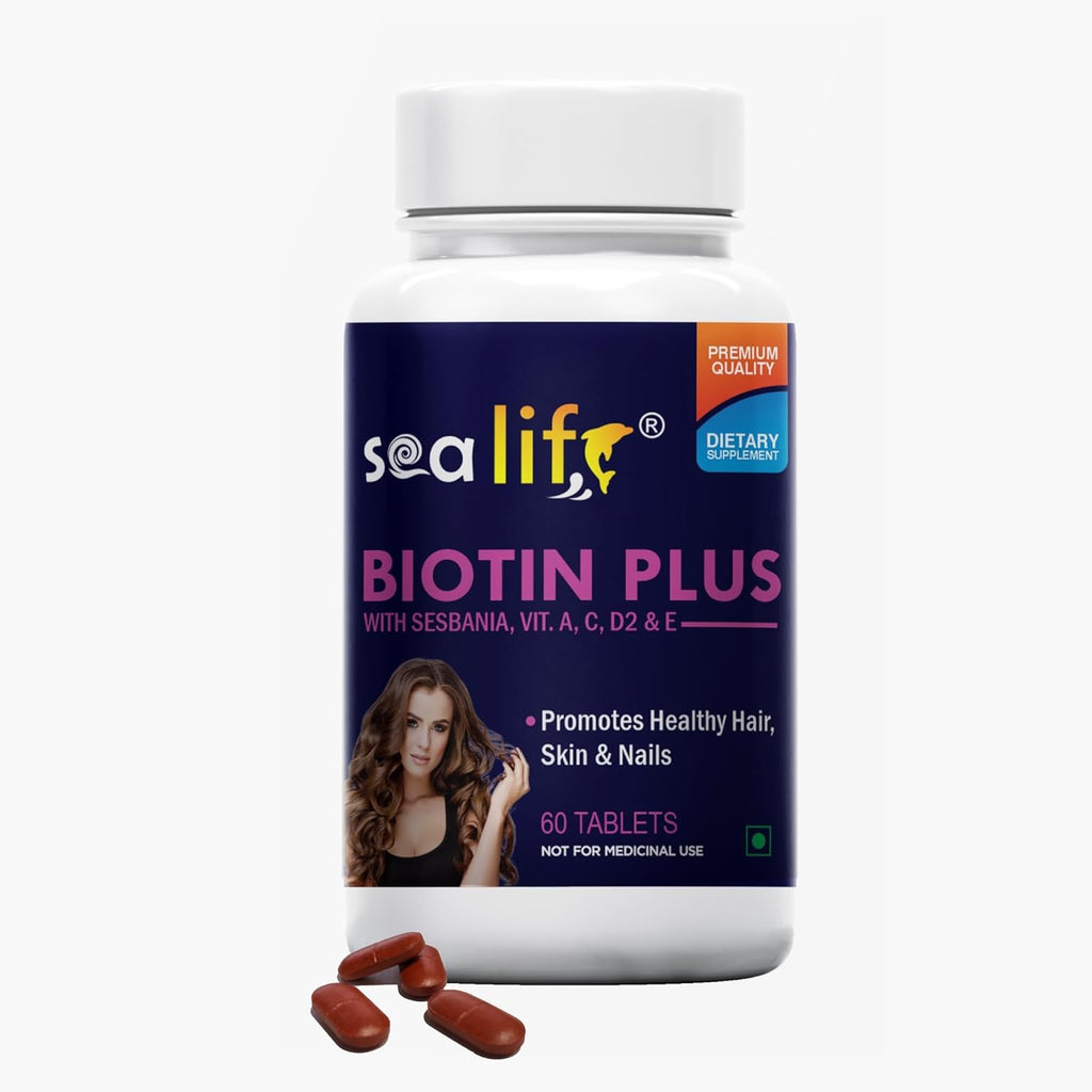 Sea Life Biotin Plus Tablets Prevent Hair Loss and Promotes Healthy Hair Growth | Glowing Skin And Longer Nails with Multivitamins & Sesbania Extract (60 Tablets Each) For Men and Women (Pack of-1)
