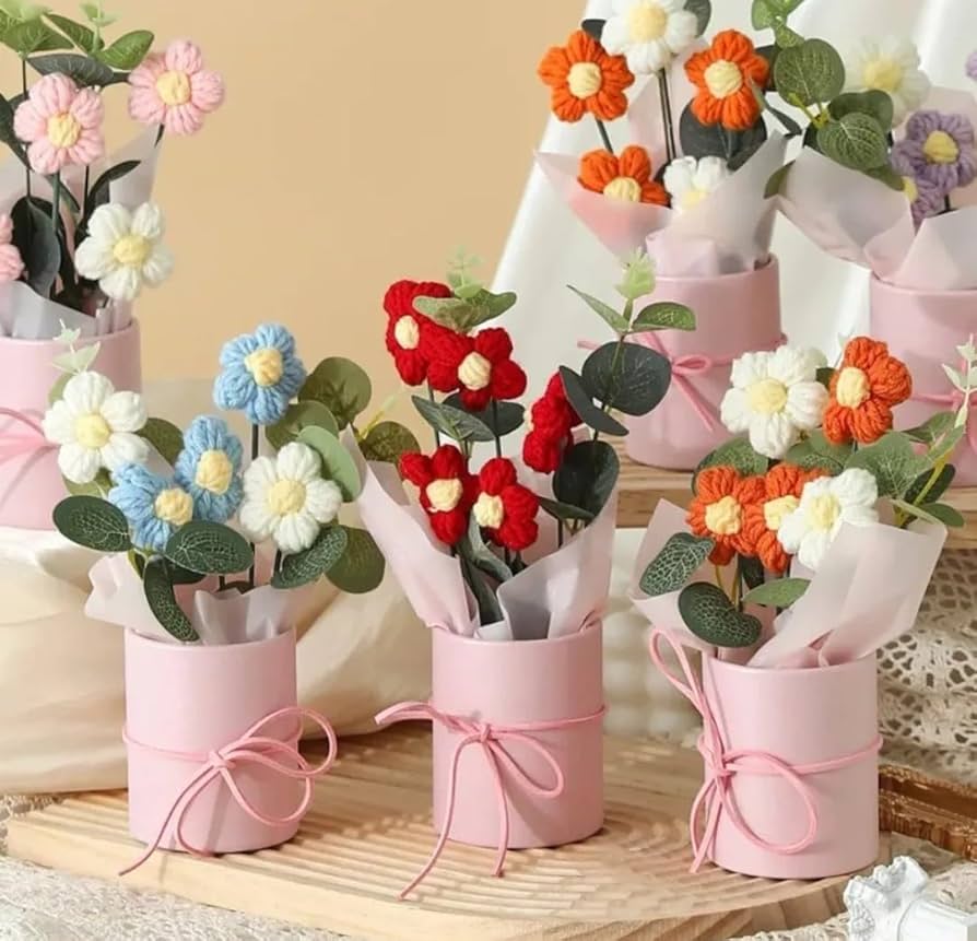 Artificial Crochet Flower Bouquet/artificial Flowers Bunch Blue Daisy Bouquet