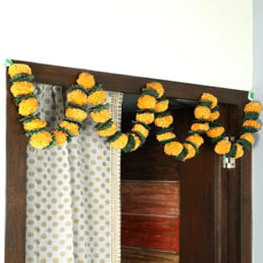 Reusable Artificial Flowers Hanging Garlands with Mango Leaf Artificial Marigold Genda Flowers Toran Pack of 3 Yellow With Leaf
