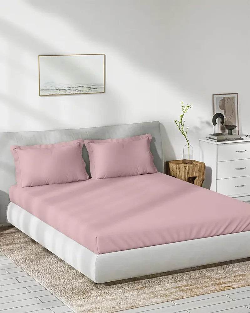 Trance Home Linen 300 TC Bamboo Fitted Queen Size Bedsheet Soft Breathable & Eco-Friendly Bedsheet with 2 Pillow Cover Colour Cameo Rose