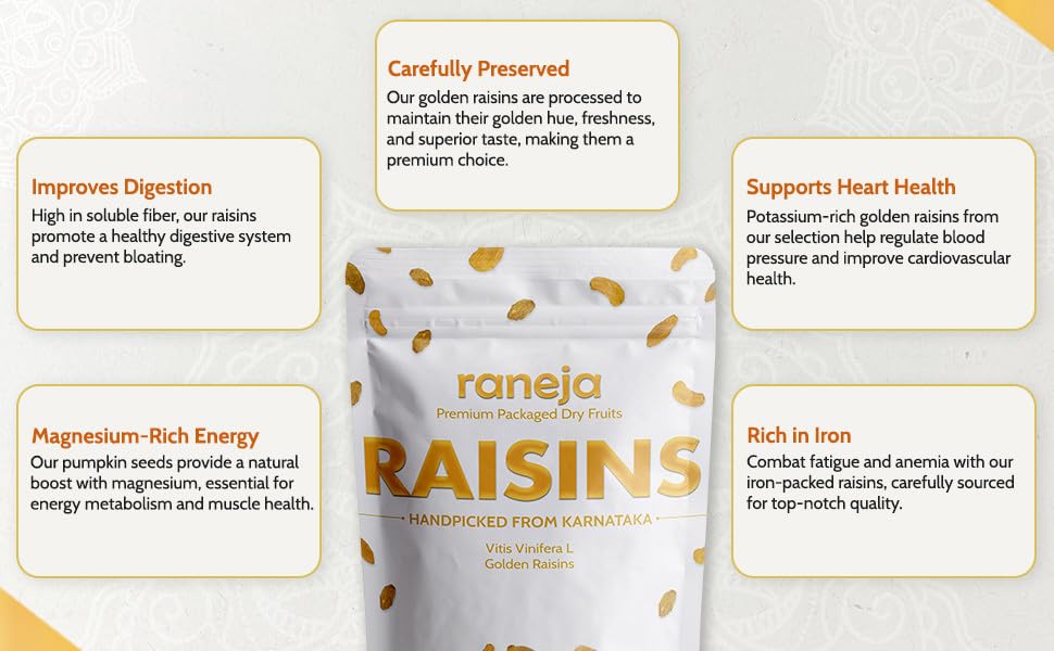 Raneja Golden Seedless Raisins | Premium High in Antioxidants | Naturally Sweet and Tasty|Energy Booster| Raisins Seedless/Kishmish, Draksh, Dry Fruits, Snack, Source of Dietary Fibre