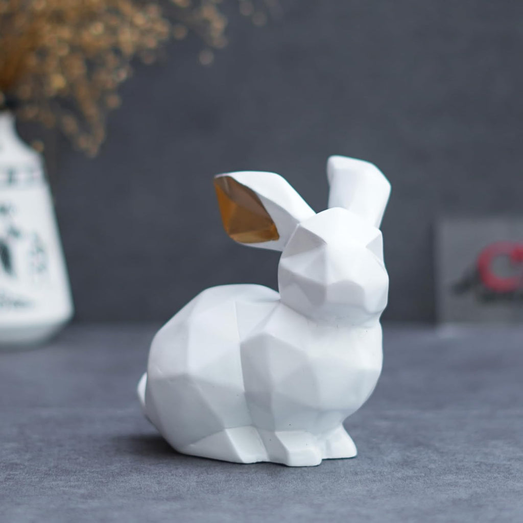 Ecraftindia Geometric Polyresin White Rabbit Statue Animal Figurine Decorative Showpiece for Home