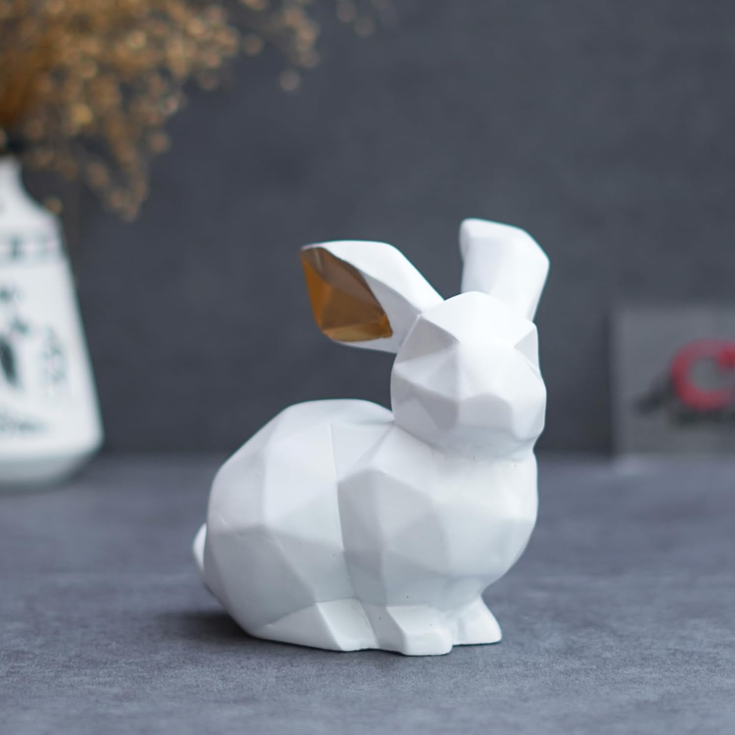 Ecraftindia Geometric Polyresin White Rabbit Statue Animal Figurine Decorative Showpiece for Home