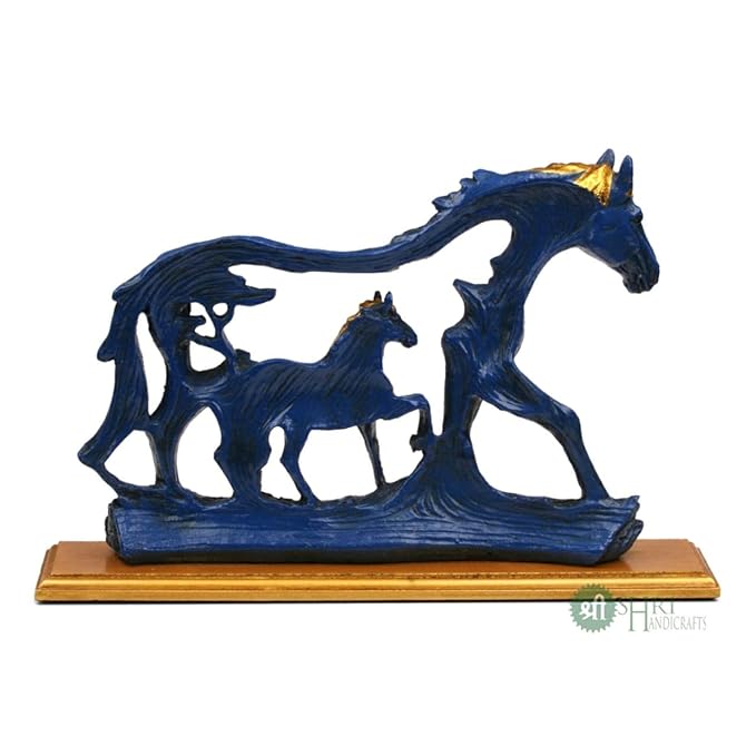Indicast 8" Inch Handmade Horse Statue With Baby Horse Stone Finish Animal Figurines Gifts Antique Design | Blue