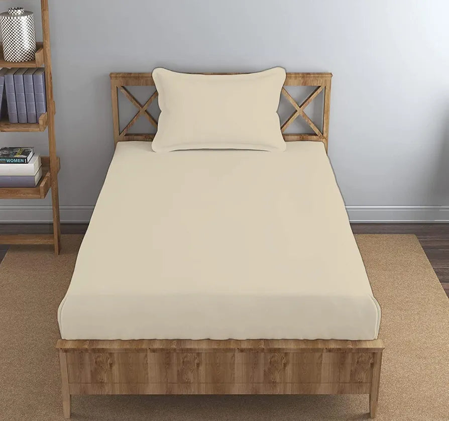 Trance Home Linen 100% Cotton 78x36 inch Single Elastic Fitted Bedsheet 400TC Premium Bed Sheet with 1 Pillow Cover Colour Pearl