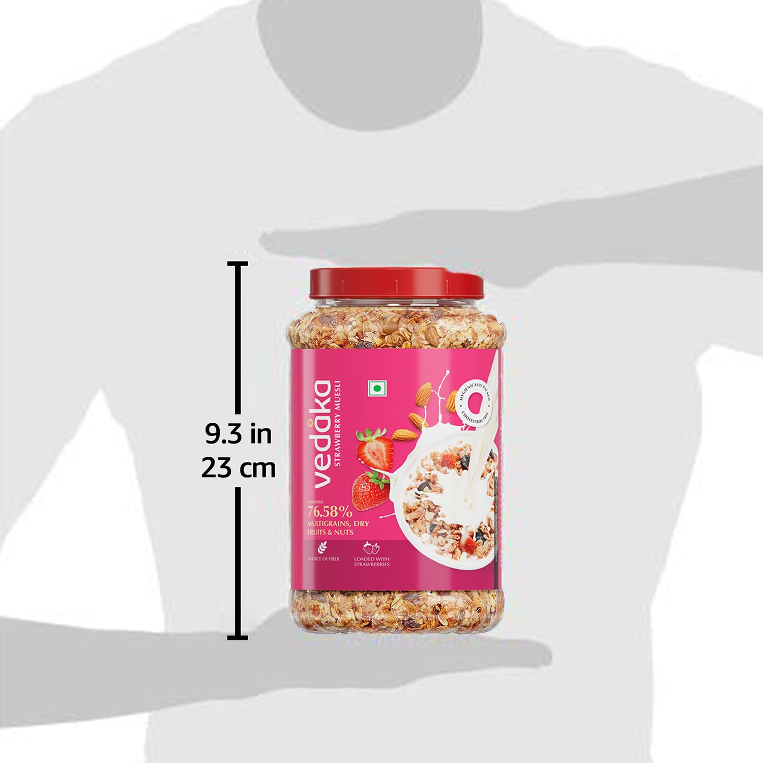 Vedaka Strawberry Muesli | 1 Kg | Jar | Contains 76.58% of Dry Fruits, Nuts and Multigrains | Source of Fiber | Loaded with Strawberries