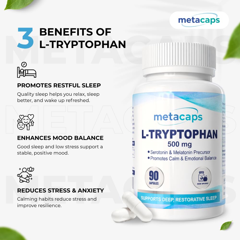 MetaCaps Pure L-Tryptophan 500mg – 90 Veg Capsules | Essential Amino Acid for Serotonin & Melatonin Support | Natural Sleep Aid & Mood Regulator | Supports Relaxation & Stress Relief | Non-GMO & Vegan