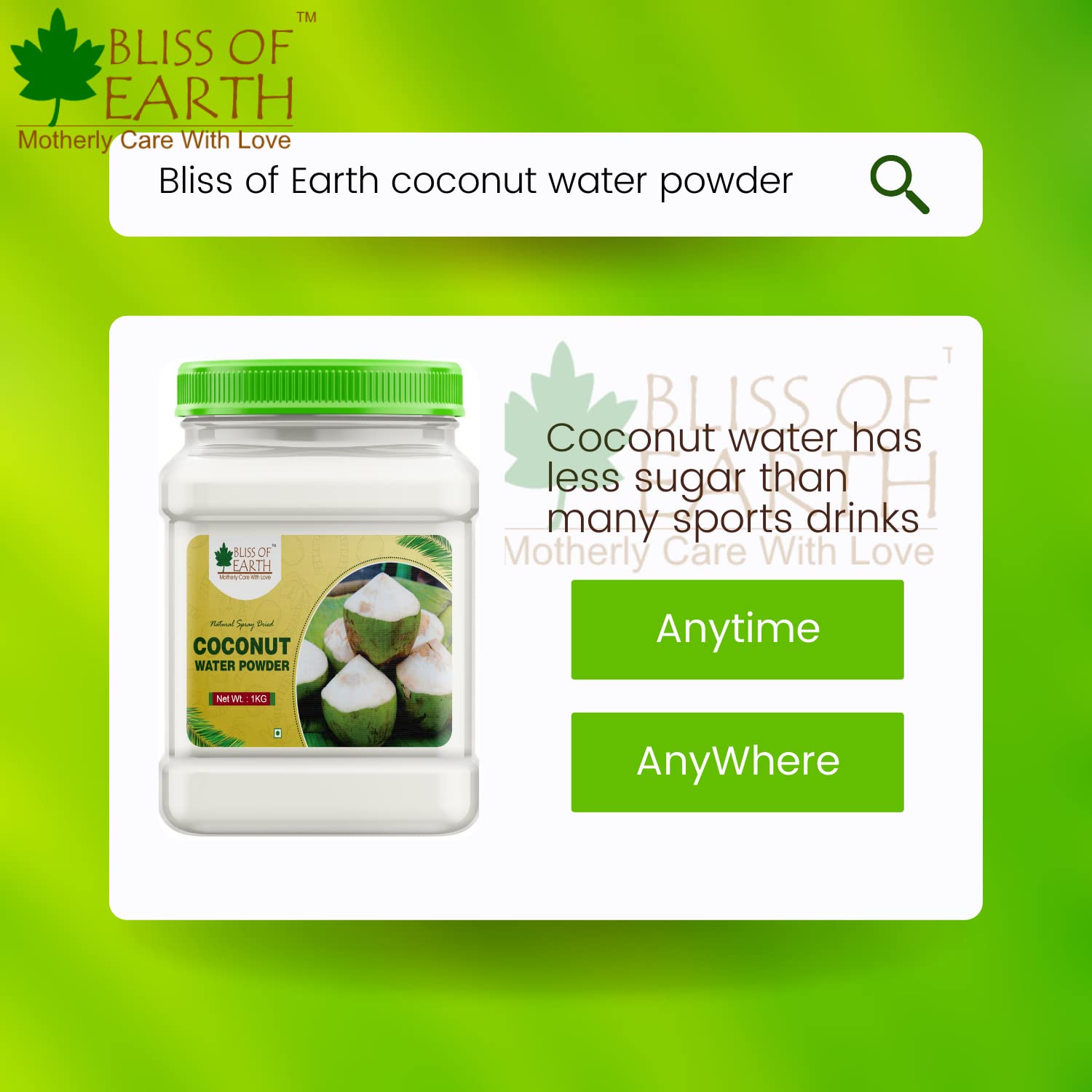 Bliss of Earth 1KG coconut water Powder natural Spray Dried In Sealed Jar