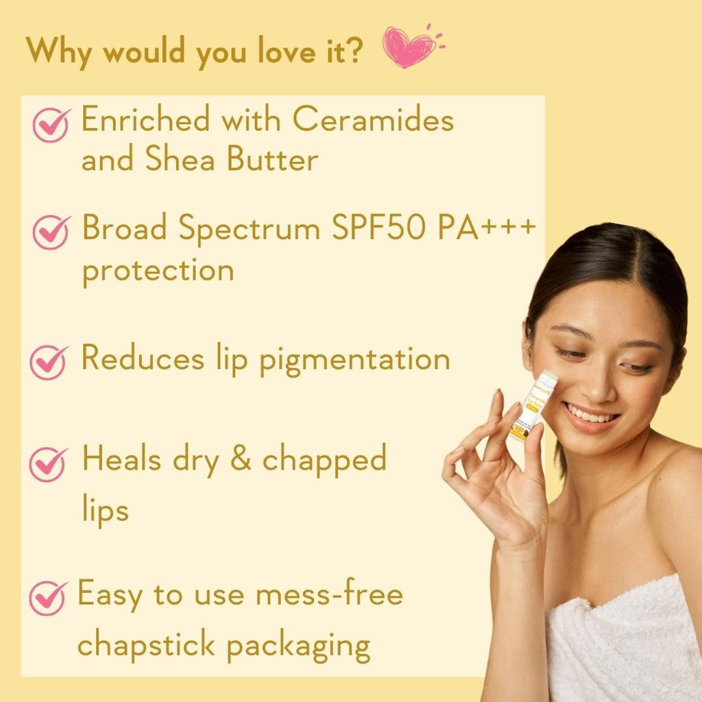 WishCare Ceramide Lip Balm SPF 50 PA+++ | Brightening Lip Balm for Dark Lips | In-Vivo Tested | Kojic Acid & Niacinamide | Natural & Untinted | For Women & Men | 5g