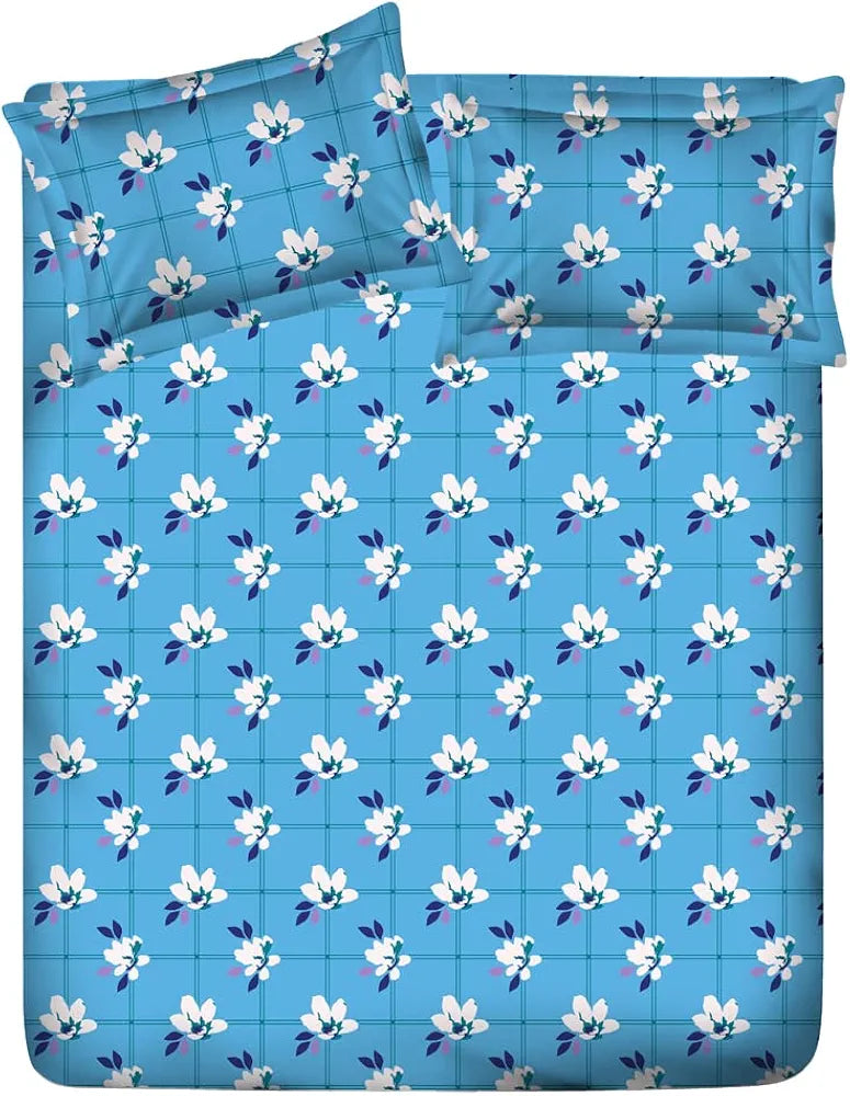 Layers Cotton King Size Bedsheet with 2 Pillow Covers Light Weight Breathable Classic Collection Blue Floral