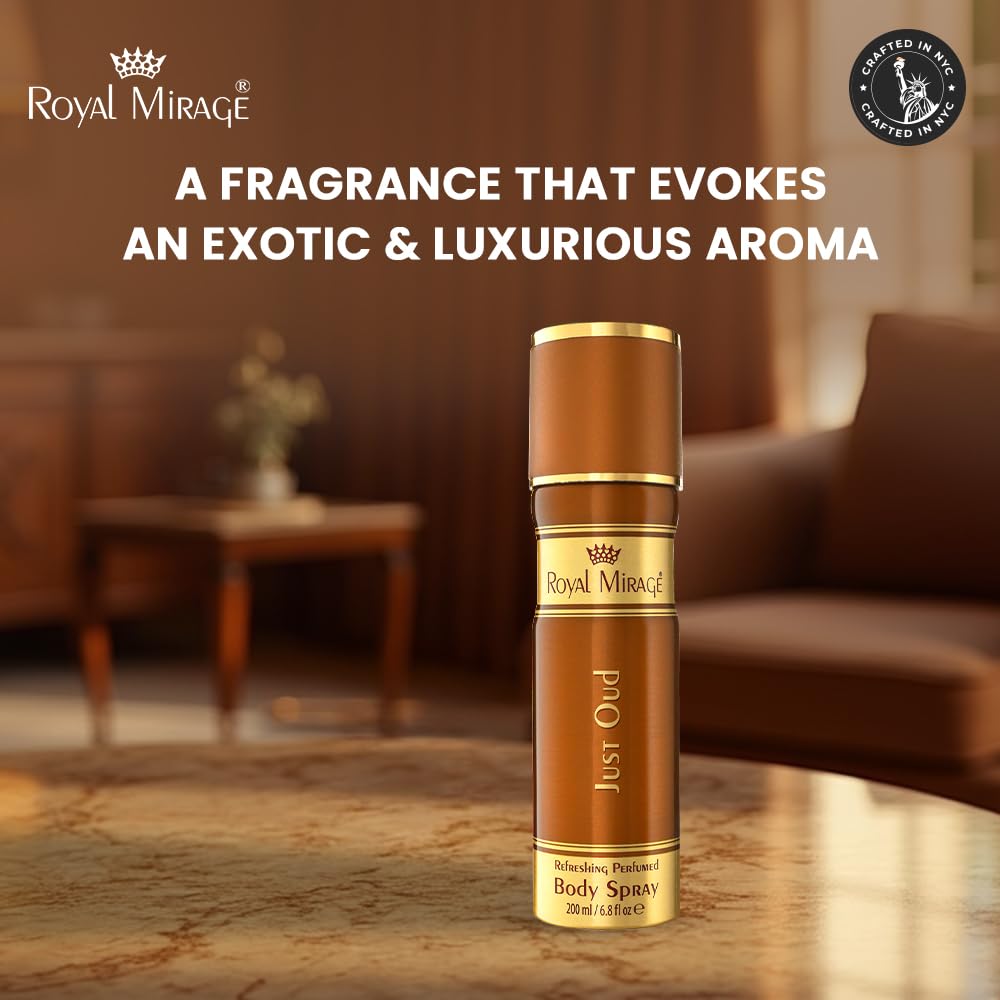 Royal Mirage Just Oud Body Spray | Long-Lasting Unisex Perfume | Oud, Rose & Leather Notes | Long-Lasting Luxury Fragrance | Exotic & Captivating Scent | Gift for Man and Woman | 200ml