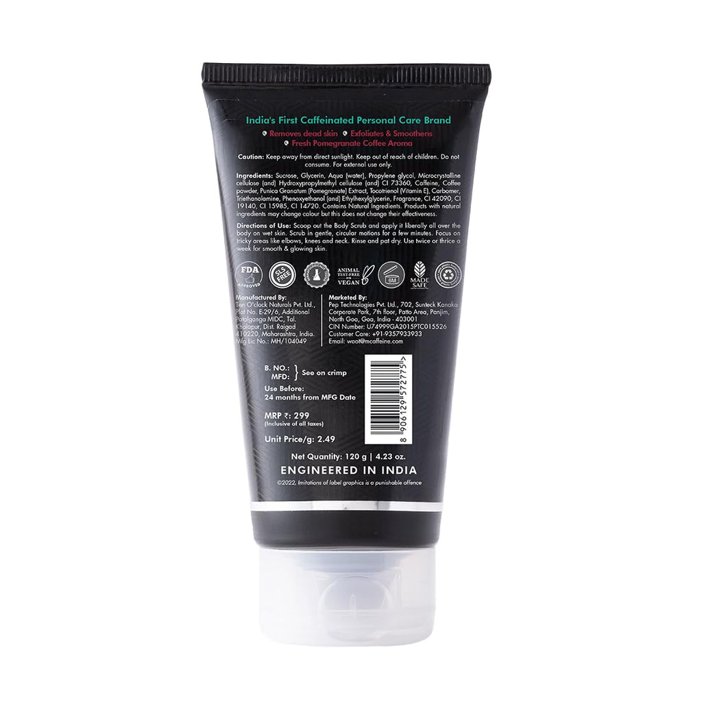mCaffeine Sugar Body Scrub with Coffee & Pomegranate for Exfoliation & Tan Removal | 84% Removal of Dead Skin | Travel Friendly Product for All Skin Types & Gender | 120ml
