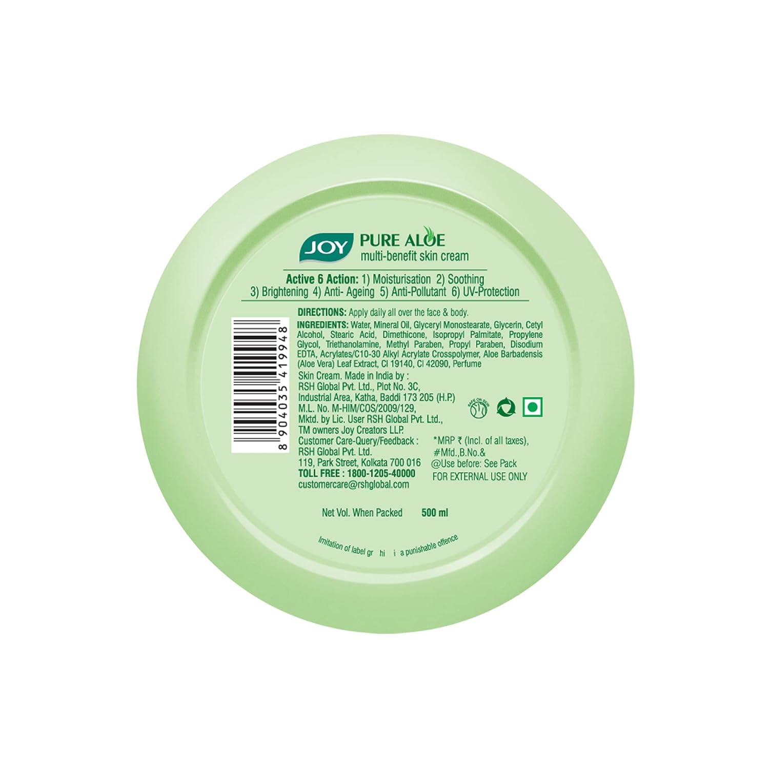 Joy Pure Aloe Light Moisturiser Skin Cream for Face, Hands & Body (500ml) | 48H Hydration | Non-Sticky | Soothing, Brightening & UV Protection | For Dry to Oily Skin
