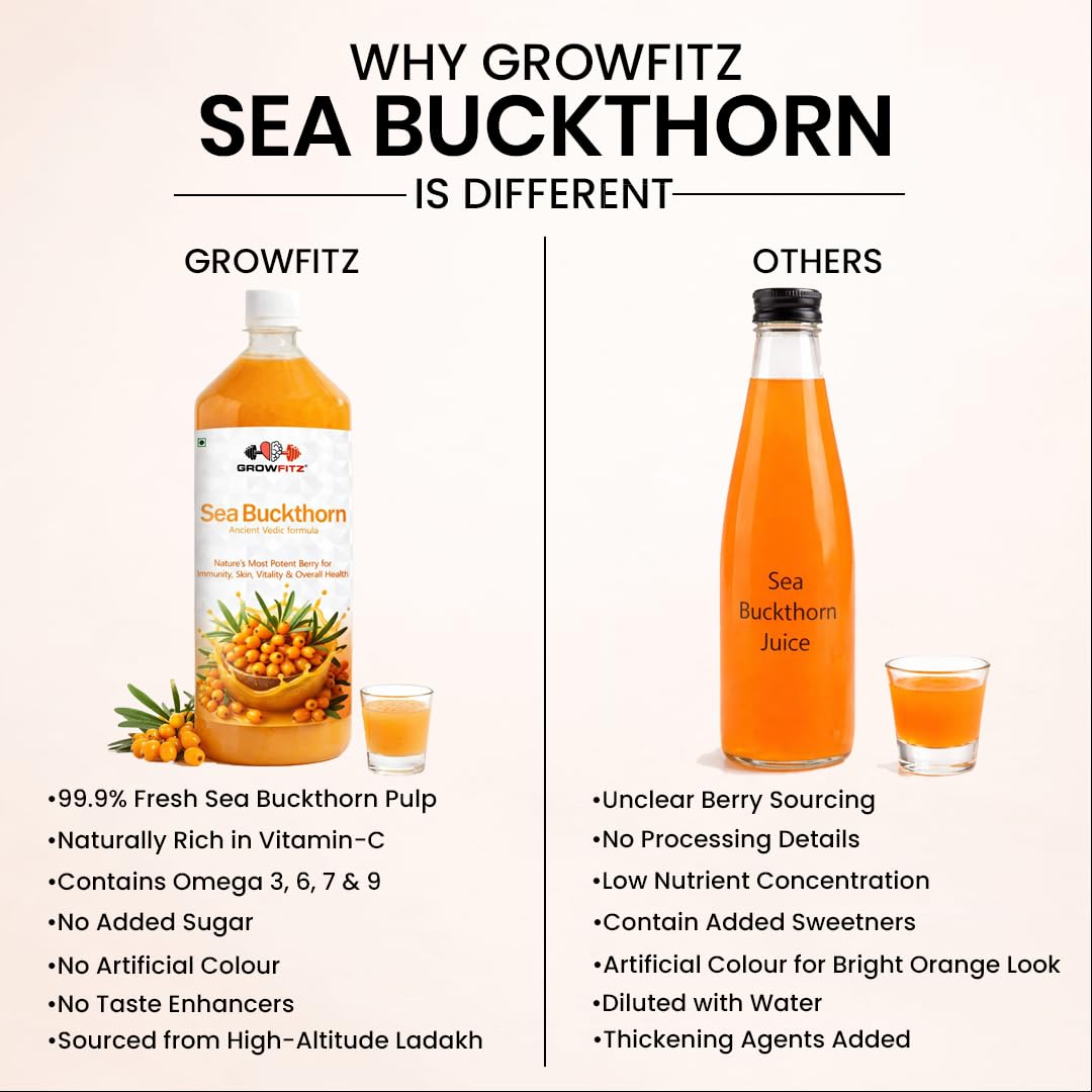 Growfitz Himalayan Sea Buckthorn Pulp Concentrate 500 ML | Cold-Pressed | Makes 80 Glass, Natural Vitamin C, Omega 3 6 7 9, Antioxidants | Immunity, Skin Glow & Gut Health Support | Seabuckthorn Juice