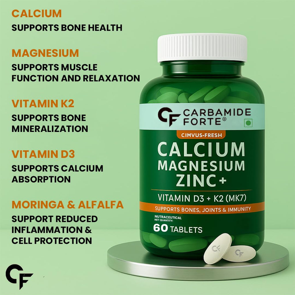 Carbamide Forte Calcium And Vitamin D3 Tablets | Calcium Tablets For Women & Men | Calcium Magnesium Zinc Supplemen With Vitamin D3 + K2 MK7 To Support Bones, Joints & Immunity - 60 Tablets