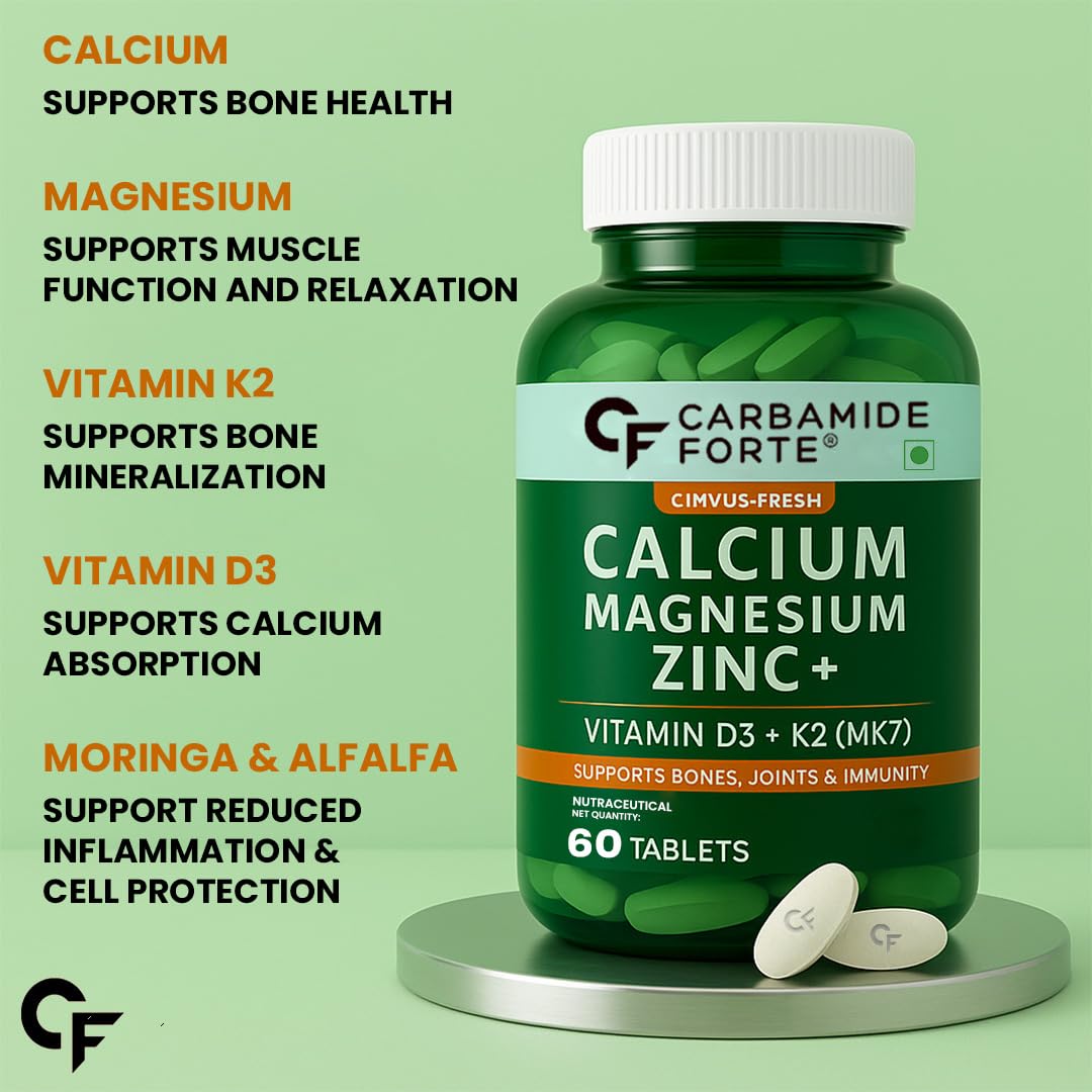 Carbamide Forte Calcium And Vitamin D3 Tablets | Calcium Tablets For Women & Men | Calcium Magnesium Zinc Supplemen With Vitamin D3 + K2 MK7 To Support Bones, Joints & Immunity - 60 Tablets