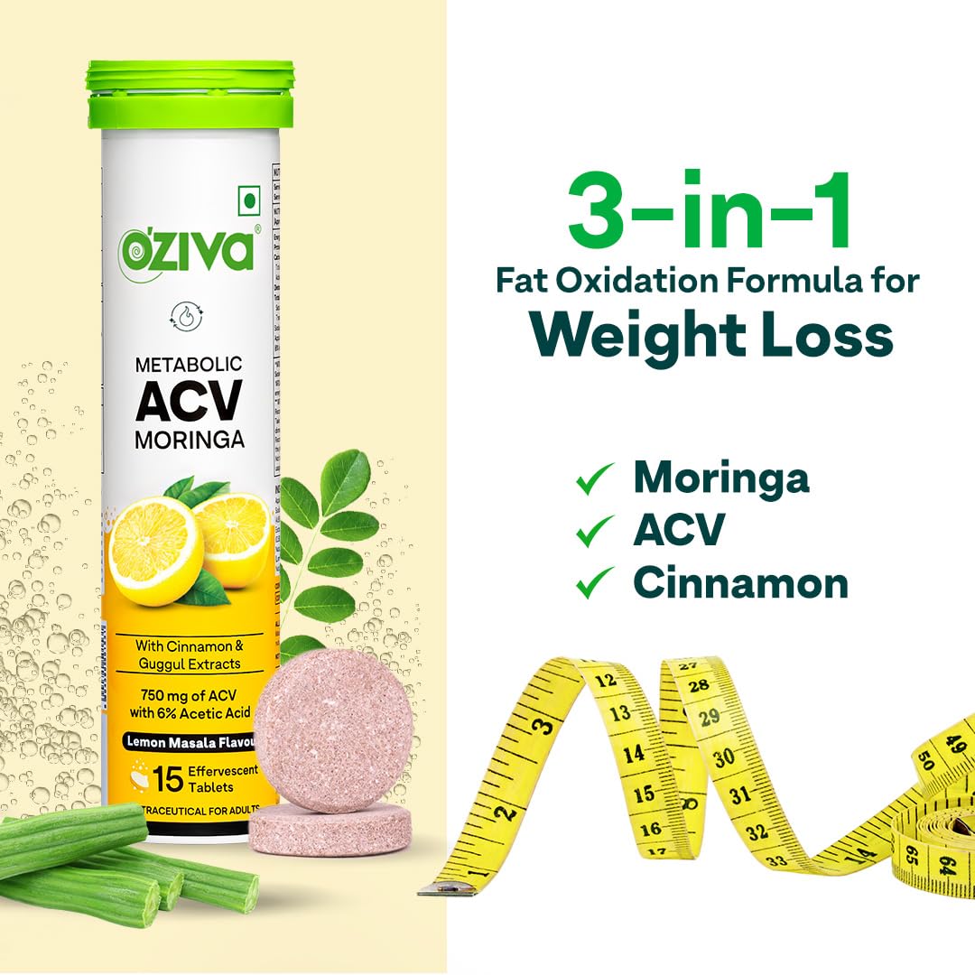 OZiva ACV Moringa | Control Cravings I Apple Cider Vinegar, Cinnamon, Guggul I No Maltodextrin & No Added Sugar I 15 Effervescent Tablets - Lemon Masala, Pack of 2 (30 Tablets)