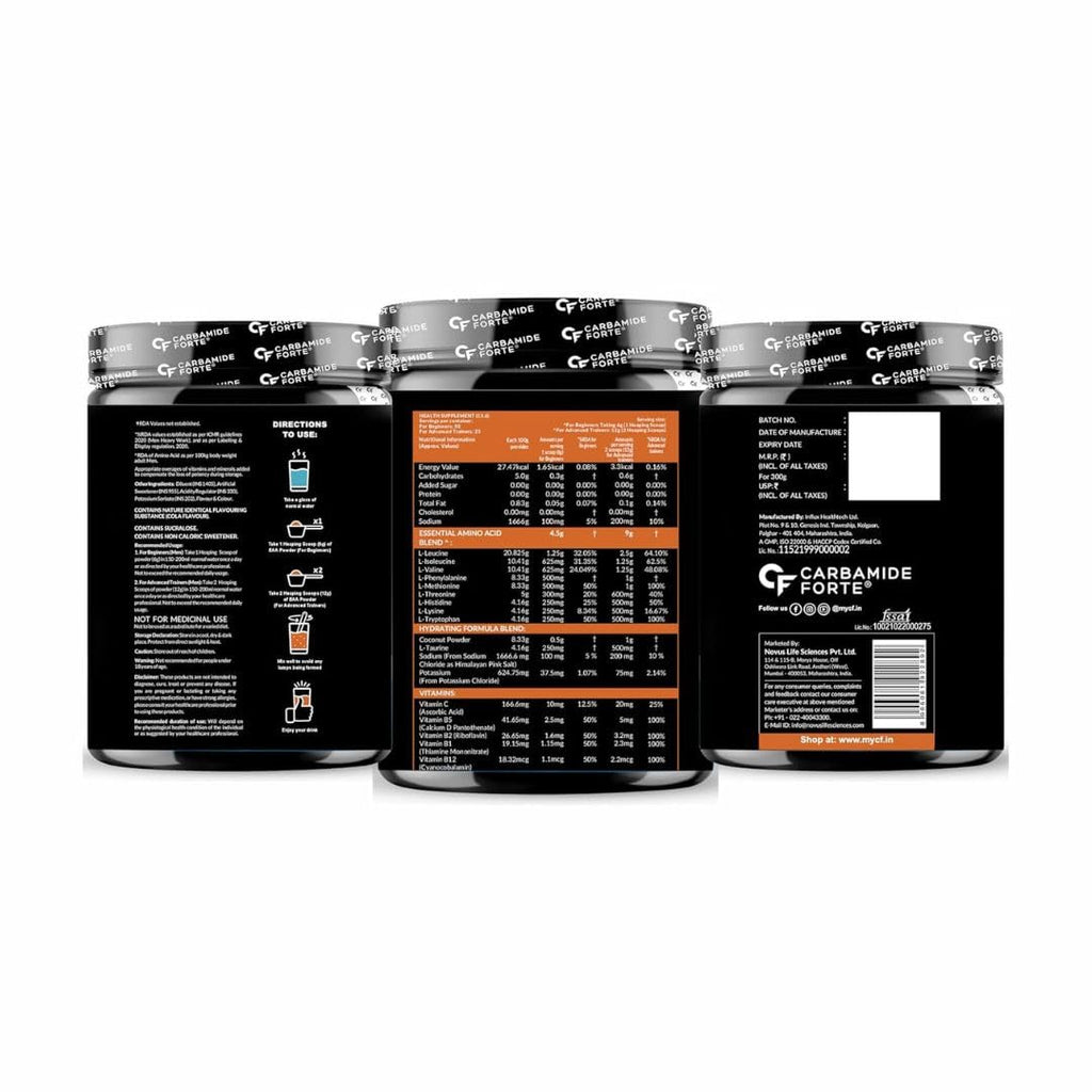 Carbamide Forte Eaa Supplement For Men & Women With Hydration Blend & Vitamins | Eaa intra workout Supplement With Bcaa 5000Mg - Cola Flavour - 50 Servings - Powder 300G