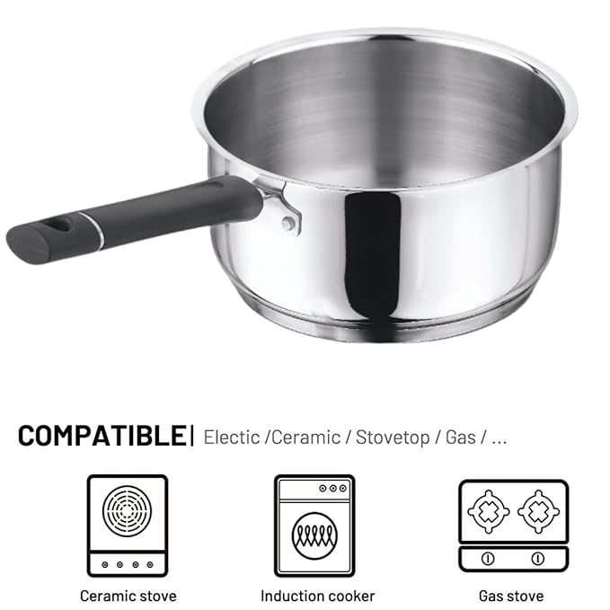 Vinod Tivoli Heavy Guage Stainless Steel Saucepan - 1.5 Litre (16cm) | SAS Bottom | 2 Layer Extra Thick Aluminum Core