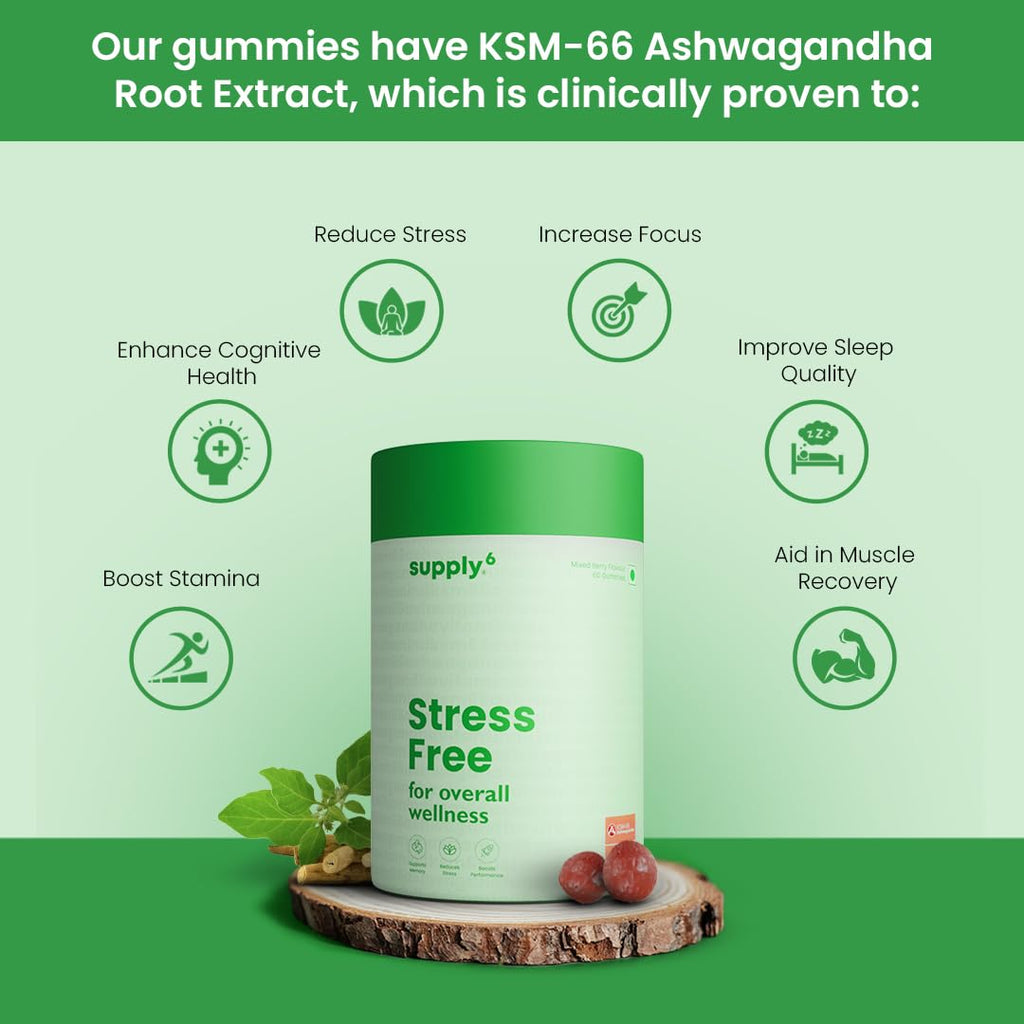 SUPPLY6 Stress Free Gummies with world's strongest KSM-66 Ashwagandha | Sleep Quality, Stress Relief, Boost Performance | Mixed Berry, Plant Based, Gluten-Free & Gelatin Free, 60 Gummies
