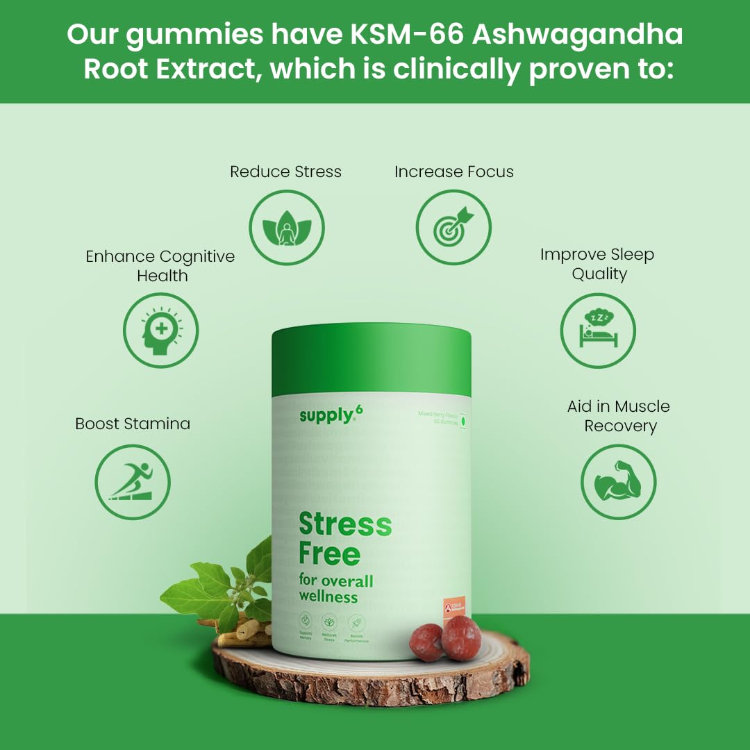 SUPPLY6 Stress Free Gummies with world's strongest KSM-66 Ashwagandha | Sleep Quality, Stress Relief, Boost Performance | Mixed Berry, Plant Based, Gluten-Free & Gelatin Free, 60 Gummies