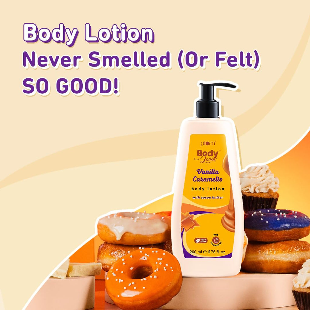 Plum BodyLovin' Vanilla Caramello Body Lotion | Cocoa Butter & Vitamin B5 for Deep Moisturization | Non-Greasy | Soft & Glowing Skin | for Dry to Very Dry Skin | Warm & Cozy Vanilla Fragrance â€“ 200ml | Exclusively Available on Amazon