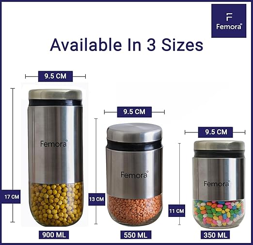 Femora Kitchen Storage Jars Steel Body With See Through Bottom Jar | 350 Ml | Pack of 4