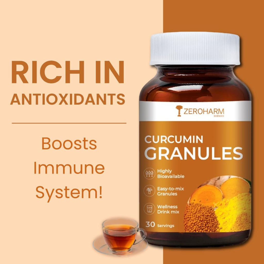 ZEROHARM Curcumin Granules from Turmeric | Easy-Mix Golden Wellness Drink for Immunity & Skin Health | Highly Bioavailable | No Mess, No Powder | Tea & Coffee Alternative for Men & Women | 100 Grams