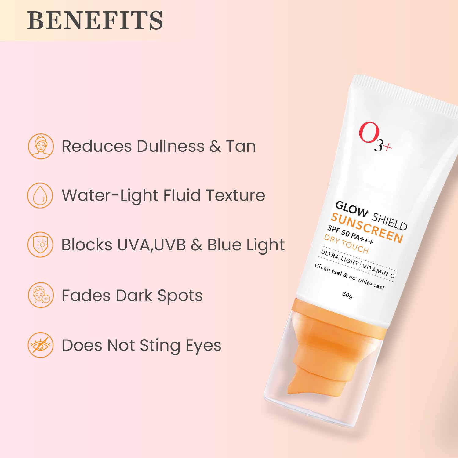 O3+ Glow Shield Sunscreen SPF 50 PA+++ (50gm) | Lightweight Cream | No White Cast | Sunscreen For Oily Skin, Dry Skin | For Women & Men