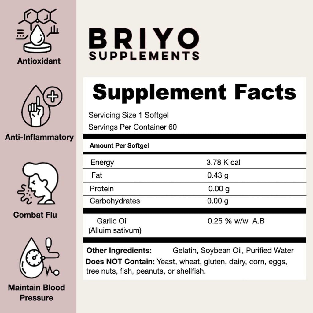 Briyosis Odorless Garlic Softgels -60 Softgels- Allicin Rich Pure Garlic Oil Supplement