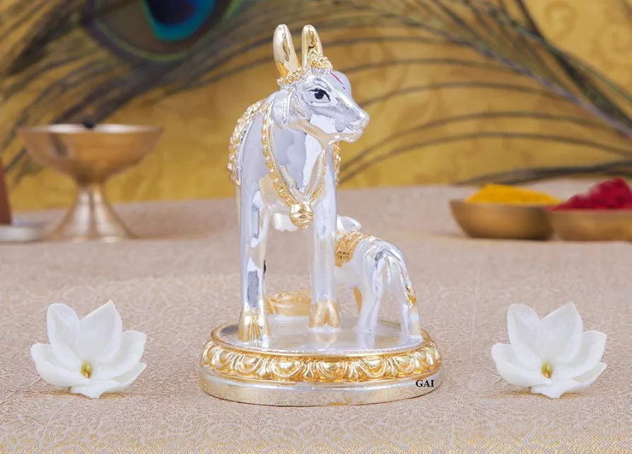 Gold Art India Kamdhenu Cow with Calf Idol Gold Silver Plated 3.3" Inch Silver